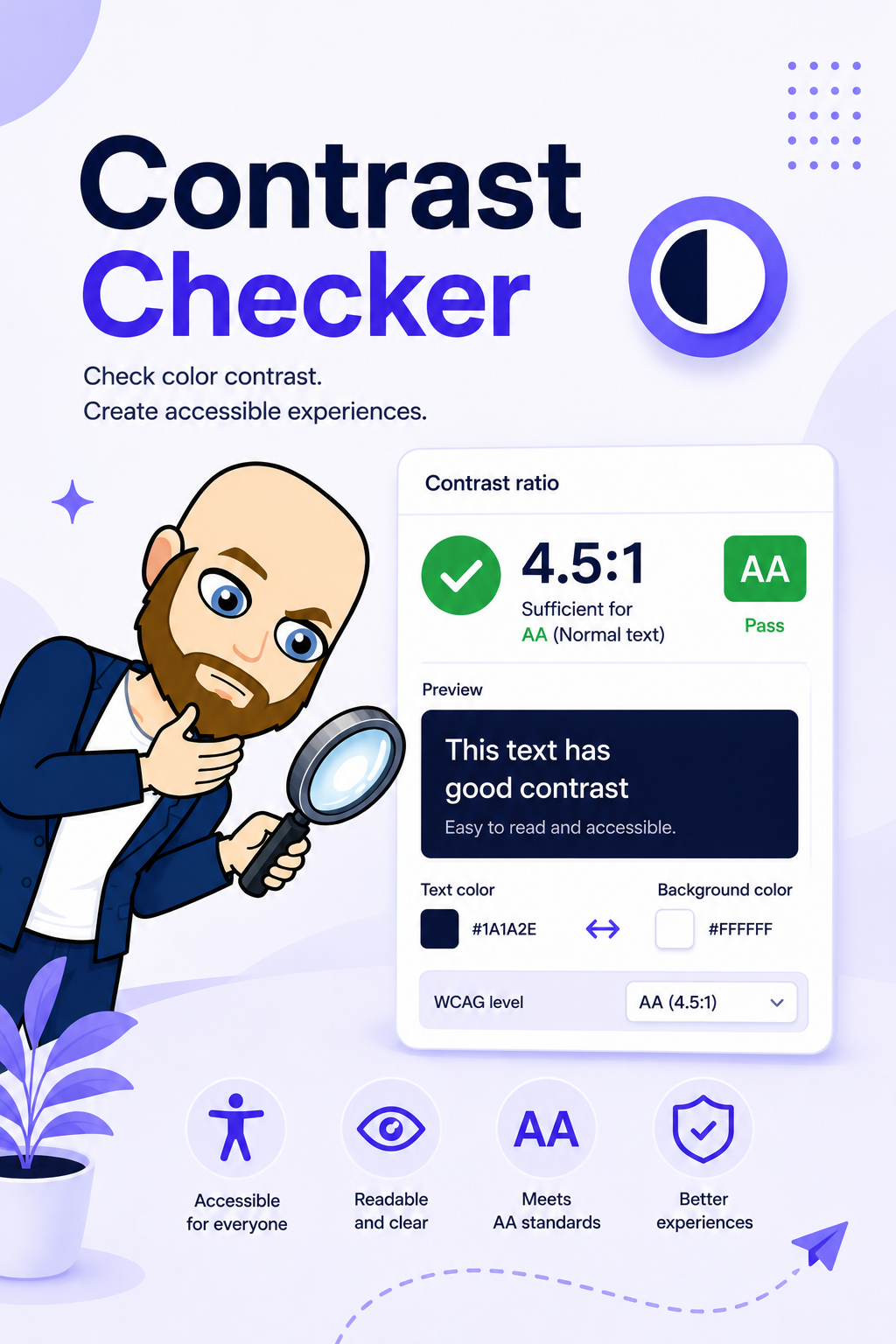 Illustration of a contrast check showing readable text and a passing WCAG AA result